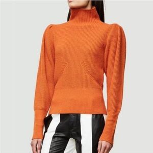 Frame Shirred Puff Sleeve Mock Neck Pullover Knit Sweater Orange Medium